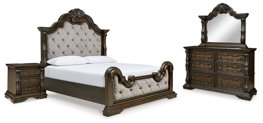 Cama tapizada Maylee California con tocador con espejo y mesita de noche
