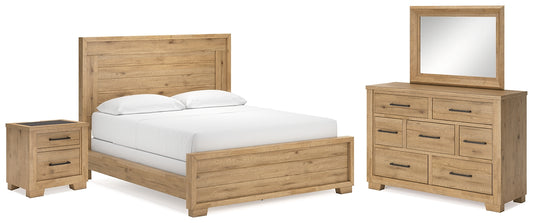 Cama con paneles California de Galliden, cómoda con espejo y mesita de noche