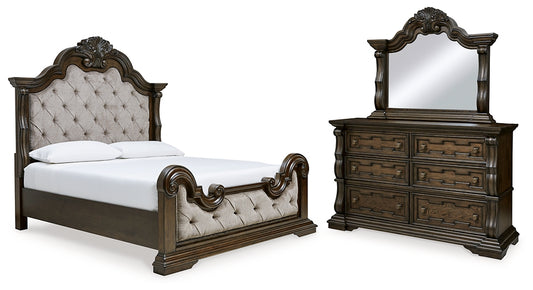 Cama tapizada Maylee con tocador con espejo