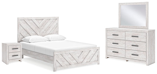 Cama Cayboni con paneles, cómoda con espejo y mesita de noche