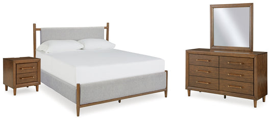 Cama tapizada Lyncott California con tocador con espejo y mesita de noche