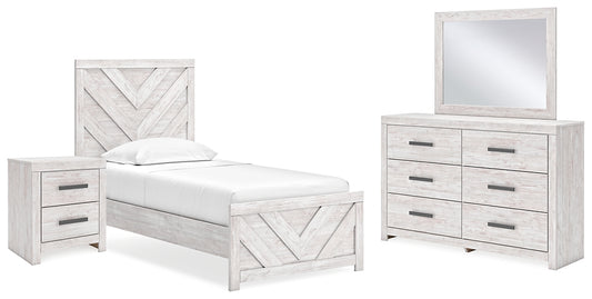 Cama Cayboni con paneles, cómoda con espejo y mesita de noche