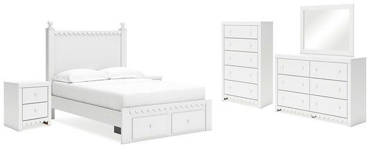 Cama con almacenaje Mollviney con tocador con espejo, cómoda y dos mesitas de noche