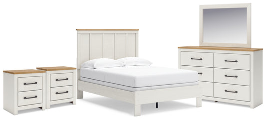 Cama con paneles Linnocreek, cómoda con espejo y dos mesitas de noche