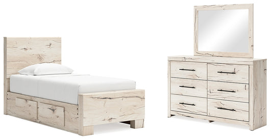 Cama con paneles Lawroy y tocador con espejo
