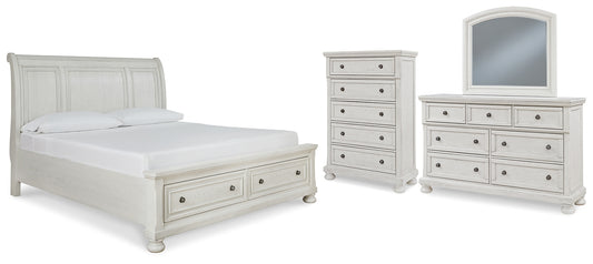 Cama tipo trineo Robbinsdale con espacio de almacenamiento, cómoda con espejo y arcón