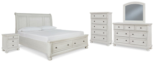 Cama tipo trineo Robbinsdale con espacio de almacenamiento, cómoda con espejo, arcón y mesita de noche