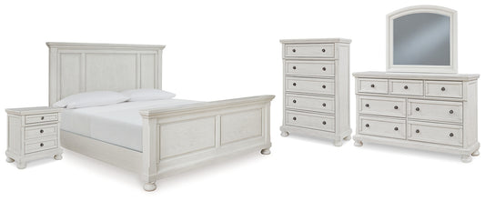 Cama Robbinsdale con paneles, cómoda con espejo y mesita de noche