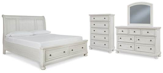Cama tipo trineo Robbinsdale con espacio de almacenamiento, cómoda con espejo y arcón