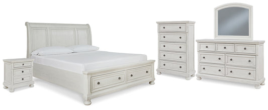 Cama estilo trineo Robbinsdale California con espacio de almacenamiento, cómoda con espejo, arcón y mesita de noche