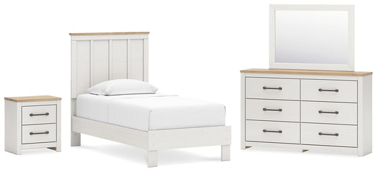 Cama con paneles Linnocreek, tocador con espejo y mesita de noche