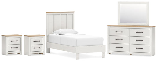 Cama con paneles Linnocreek, cómoda con espejo y dos mesitas de noche