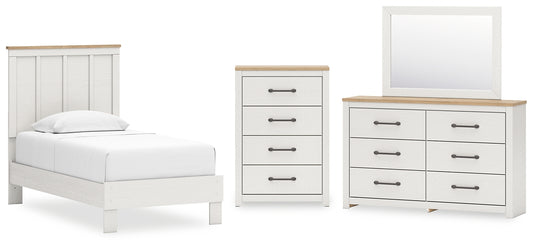 Cama con paneles Linnocreek con espacio de almacenamiento, cómoda con espejo y arcón