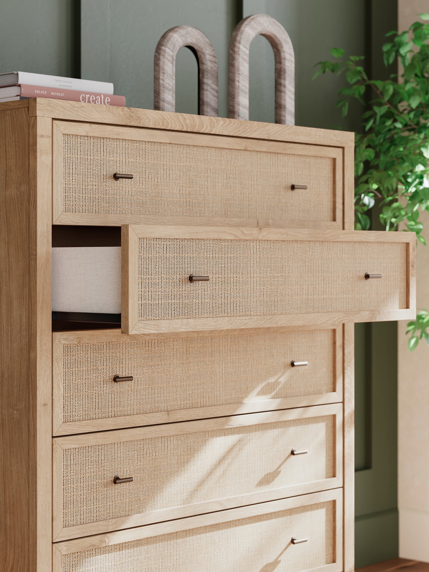 Cama tapizada Cielden con tocador, cómoda y mesita de noche con espejo