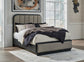 Cama tapizada Rowanbeck con tocador, cómoda y mesita de noche con espejo