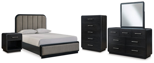 Cama tapizada Rowanbeck con tocador, cómoda y mesita de noche con espejo