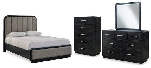 Cama tapizada Rowanbeck con tocador y cómoda con espejo