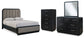 Cama tapizada Rowanbeck con tocador y cómoda con espejo