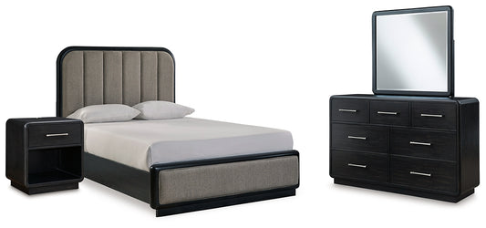 Cama tapizada Rowanbeck con tocador y mesita de noche con espejo