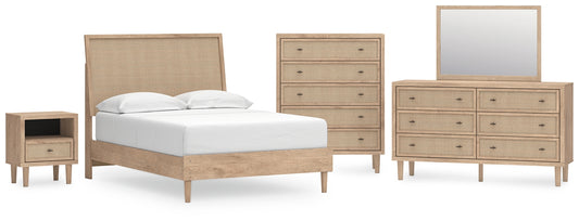 Cama con paneles Cielden, cómoda con espejo y mesita de noche