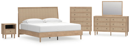 Cama con paneles Cielden, cómoda con espejo y mesita de noche