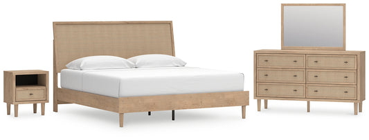Cama con paneles Cielden, cómoda con espejo y mesita de noche