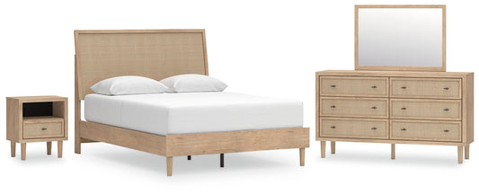 Cama con paneles Cielden, cómoda con espejo y mesita de noche