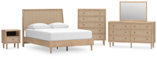 Cama con paneles Cielden, cómoda con espejo y mesita de noche