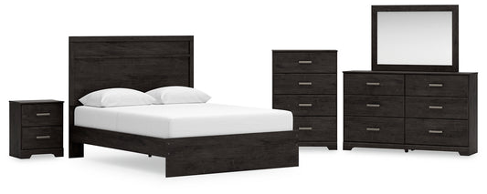 Cama con paneles Belachime, cómoda con espejo y mesita de noche