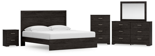 Cama con paneles Belachime, cómoda con espejo y mesita de noche