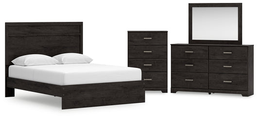 Cama con paneles Belachime, cómoda con espejo y arcón