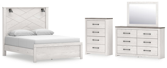 Cama con paneles Gerridan, cómoda con espejo y arcón