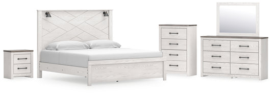 Cama Gerridan con paneles, cómoda con espejo y mesita de noche