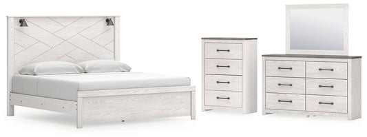 Cama con paneles Gerridan, cómoda con espejo y arcón