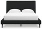 Cama tapizada Cadmori con cómoda con espejo, cómoda y mesita de noche