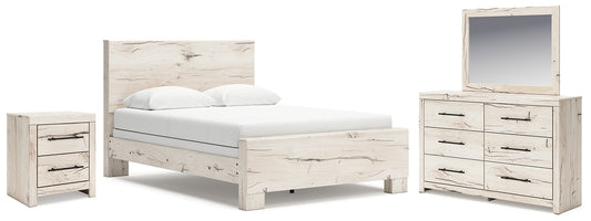Cama con paneles Lawroy, tocador con espejo y mesita de noche