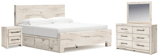 Cama con paneles Lawroy, tocador con espejo y mesita de noche