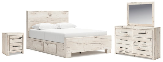Cama con paneles Lawroy, tocador con espejo y mesita de noche