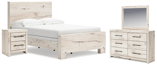 Cama con paneles Lawroy, tocador con espejo y mesita de noche