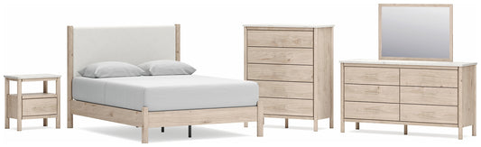 Cama Cadmori tapizada con paneles, cómoda con espejo y mesita de noche