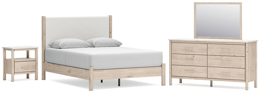 Cama Cadmori tapizada con paneles, cómoda con espejo y mesita de noche