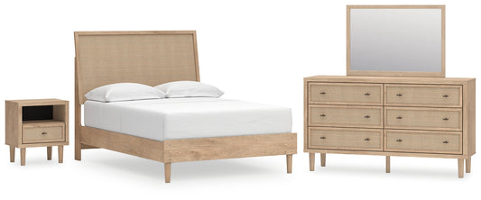 Cama con paneles Cielden, cómoda con espejo y mesita de noche