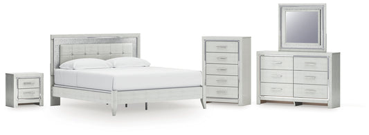 Zyniden  Upholstered Panel Bed With Mirrored Dresser, Chest And Nightstand