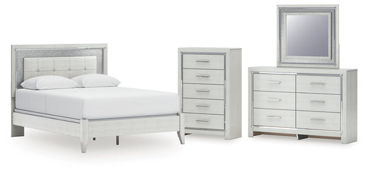 Zyniden  Upholstered Panel Bed With Mirrored Dresser And Chest