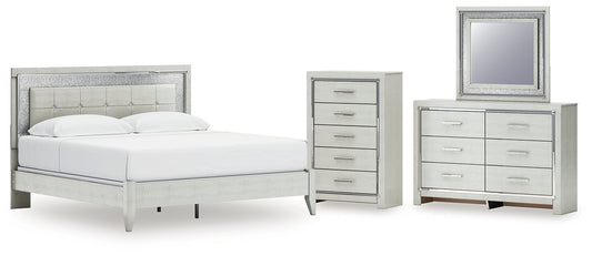 Zyniden  Upholstered Panel Bed With Mirrored Dresser And Chest