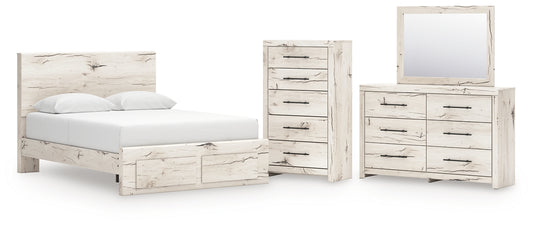 Panel Storage Bed With Mirrored Dresser And Chest