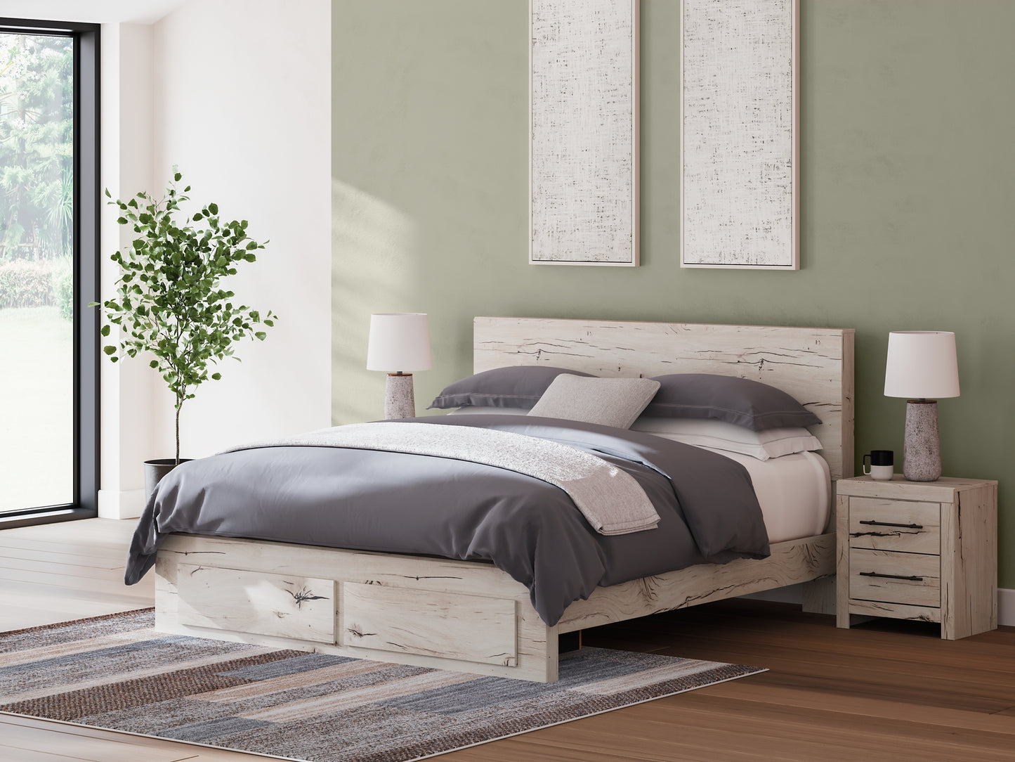 Panel Storage Bed With Mirrored Dresser And Chest