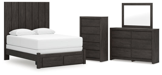 Panel Storage Bed With Mirrored Dresser And Chest