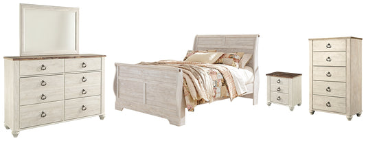 Willowton  Sleigh Bed With Mirrored Dresser, Chest And Nightstand