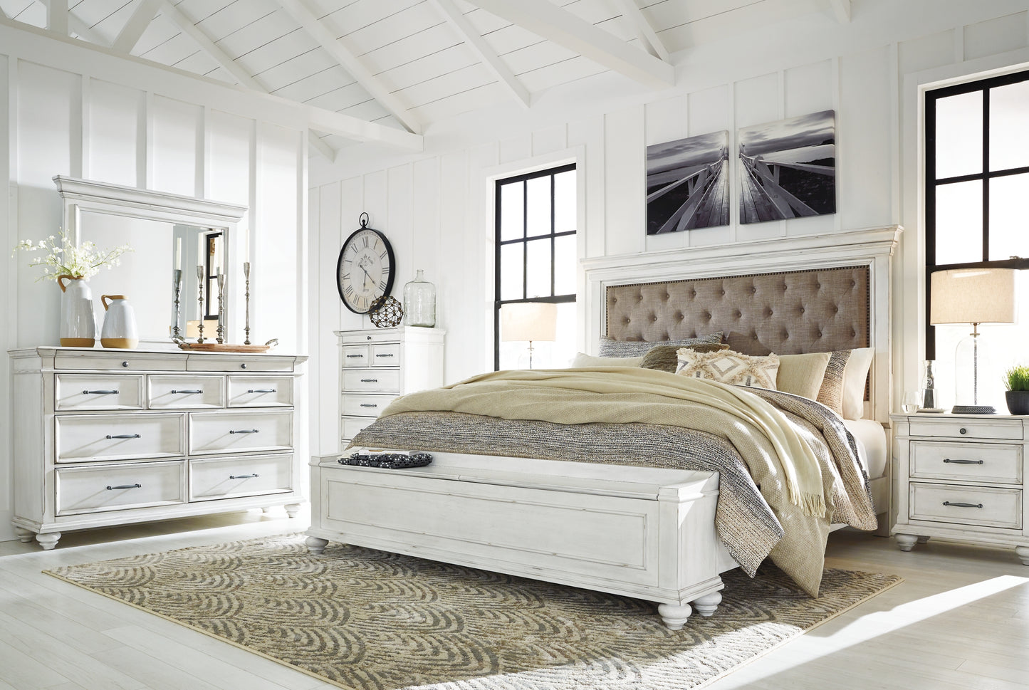 Kanwyn  Panel Bed With Storage With Mirrored Dresser And Chest